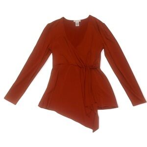 Gabriella Rossi burnt orange faux wrap blouse, M, asymmetrical hem